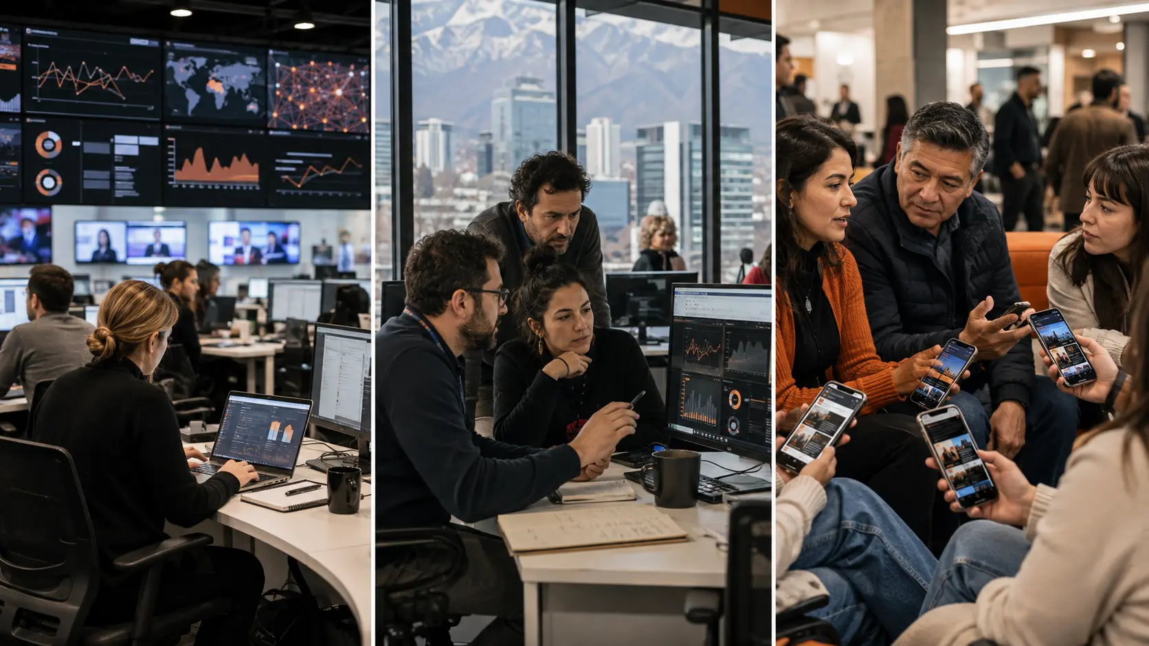 Tres escenas realistas que ilustran el pulso global: cifras que redibujan el ecosistema informativo