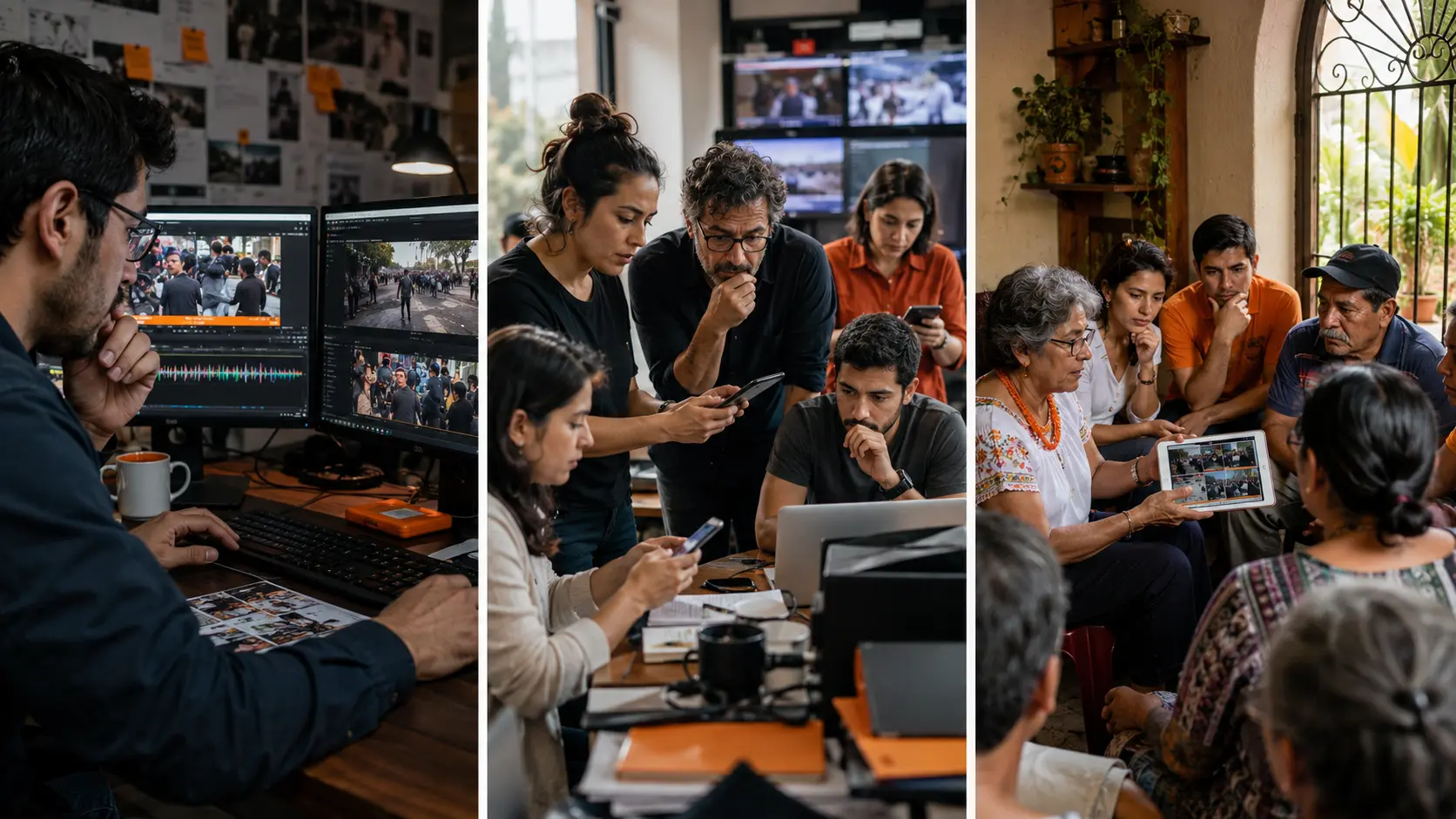 Tres escenas realistas que ilustran los riesgos: desinformación, deepfakes y confianza erosionada